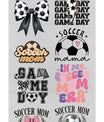 Soccer Mom DTF heat transfer bundle featuring 12 ready-to-press soccer designs, including soccer mom quotes, coach mode graphics, game-day typography, and sports-themed bows.