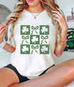 St. Patrick’s Day ready-to-press DTF transfer with a grid of shamrocks and bows in a vintage distressed style