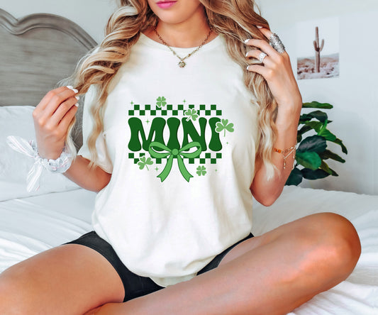 Mini shamrock and bow St. Patrick’s Day ready-to-press DTF transfer with checkered background