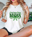 Mama shamrock and bow St. Patrick’s Day ready-to-press DTF transfer with a checkered background