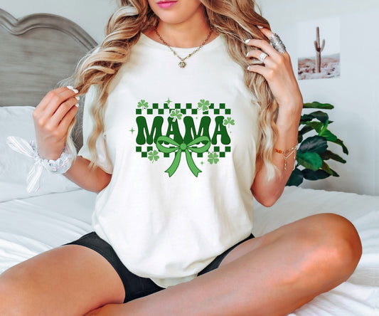 Mama shamrock and bow St. Patrick’s Day ready-to-press DTF transfer with a checkered background