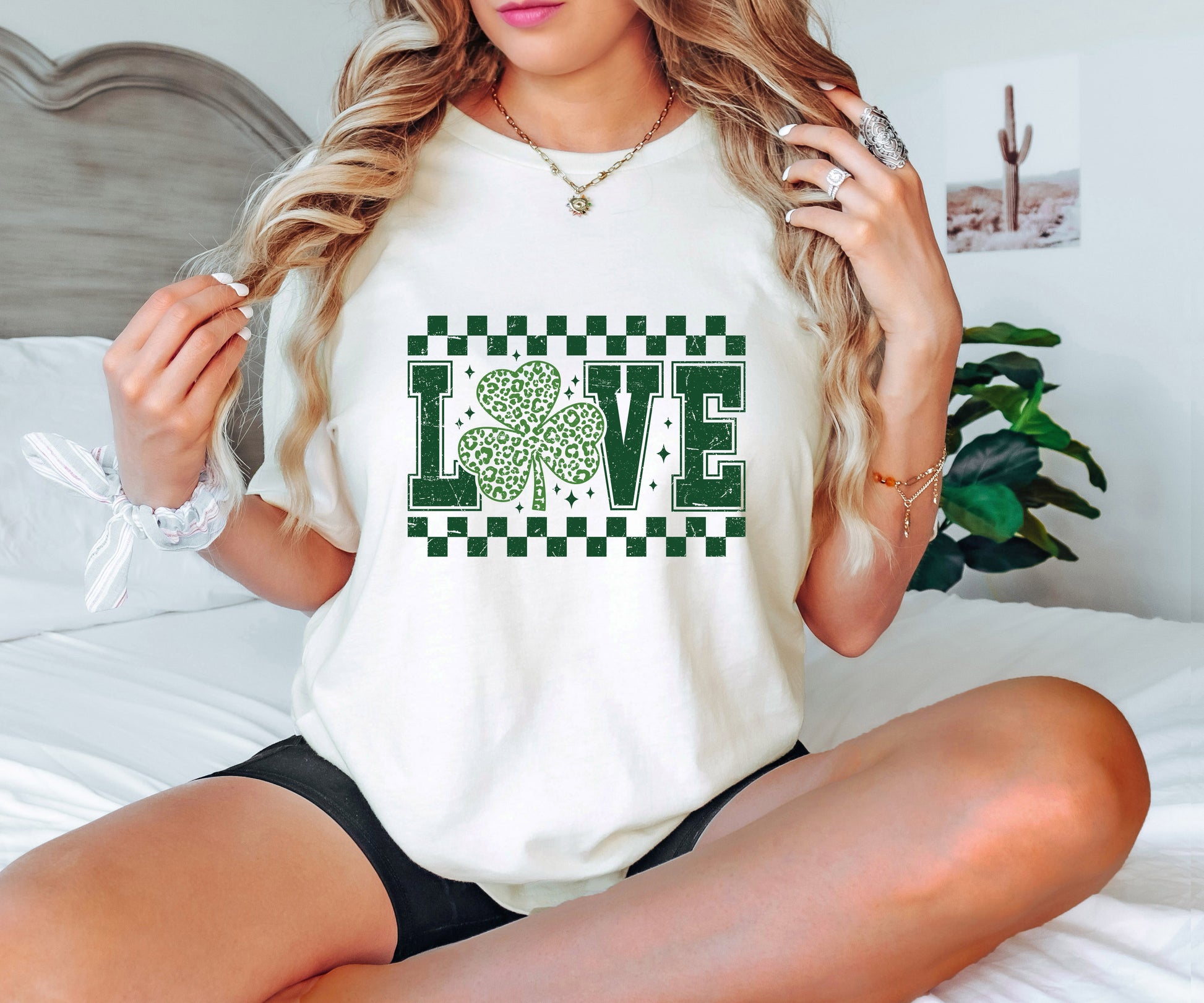 Leopard shamrock "LOVE" St. Patrick’s Day ready-to-press DTF transfer with checkered border