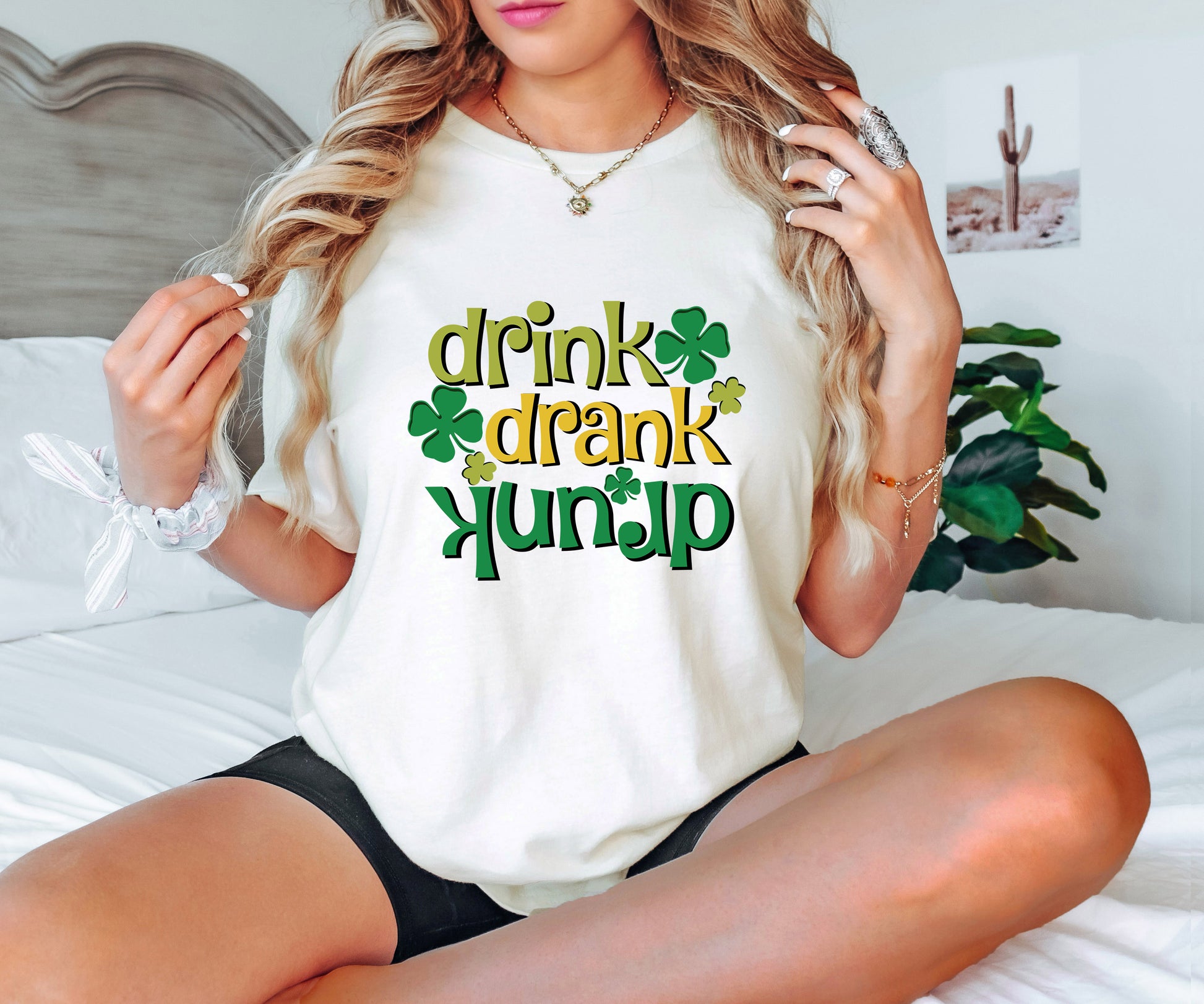 Drink Drank Drunk St. Patrick’s Day ready-to-press DTF transfer with shamrocks and festive lettering