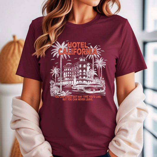 Hotel California Summer-themed DTF Transfer on maroon T-shirt with retro boho design and palm trees