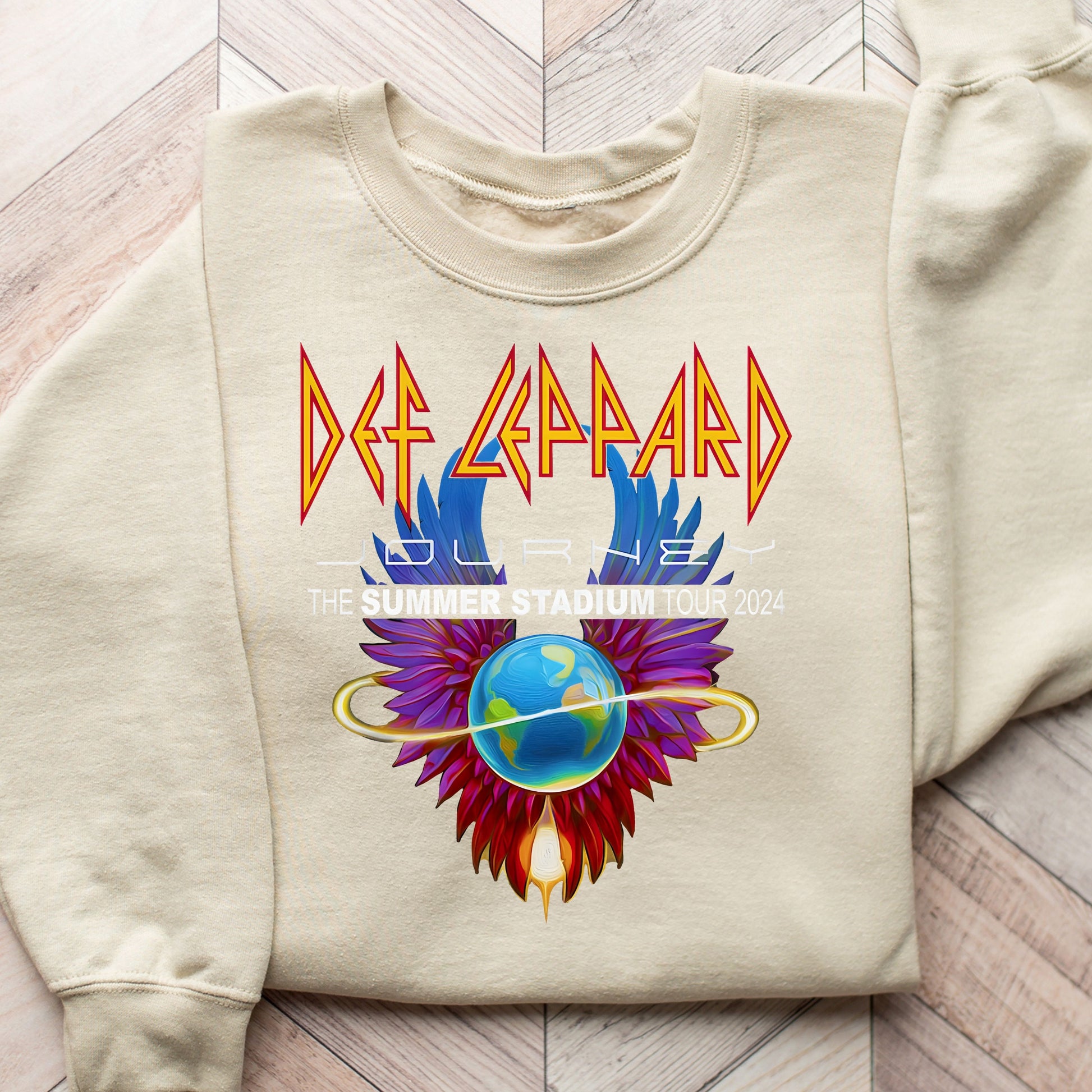 Def Leppard Summer Stadium Tour 2024 ready-to-press DTF transfer design on a beige sweatshirt.