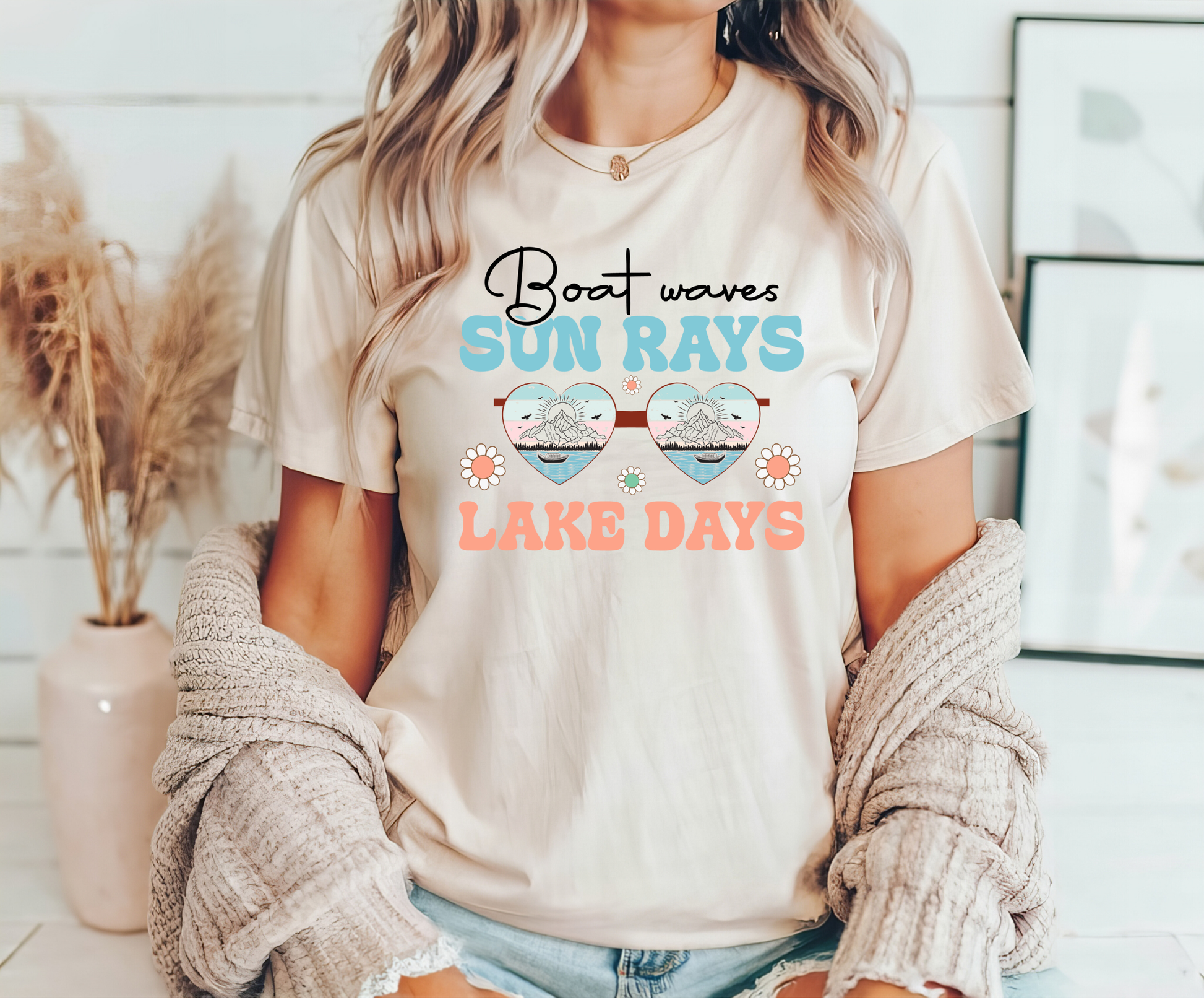 Boat Waves Sun Rays Lake Days ready-to-press DTF transfer design on a beige t-shirt.