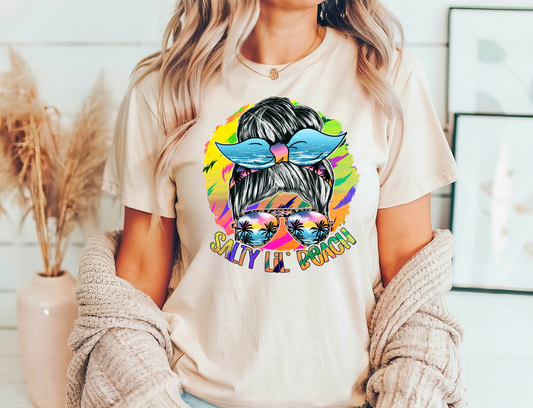 Salty Lil’ Beach ready-to-press DTF transfer design on a beige t-shirt featuring a vibrant summer theme.