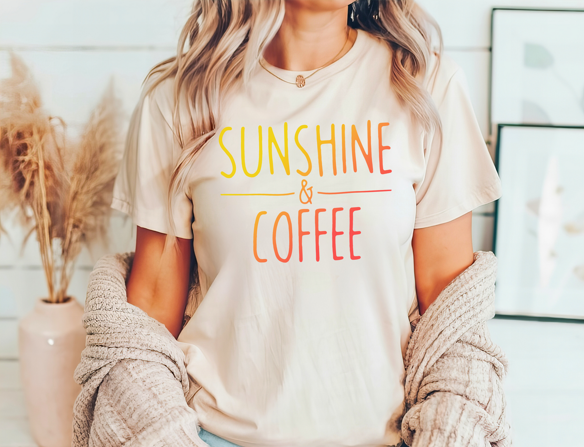 Sunshine & Coffee DTF transfer design on a t-shirt with warm gradient text, ideal for summer vibes.