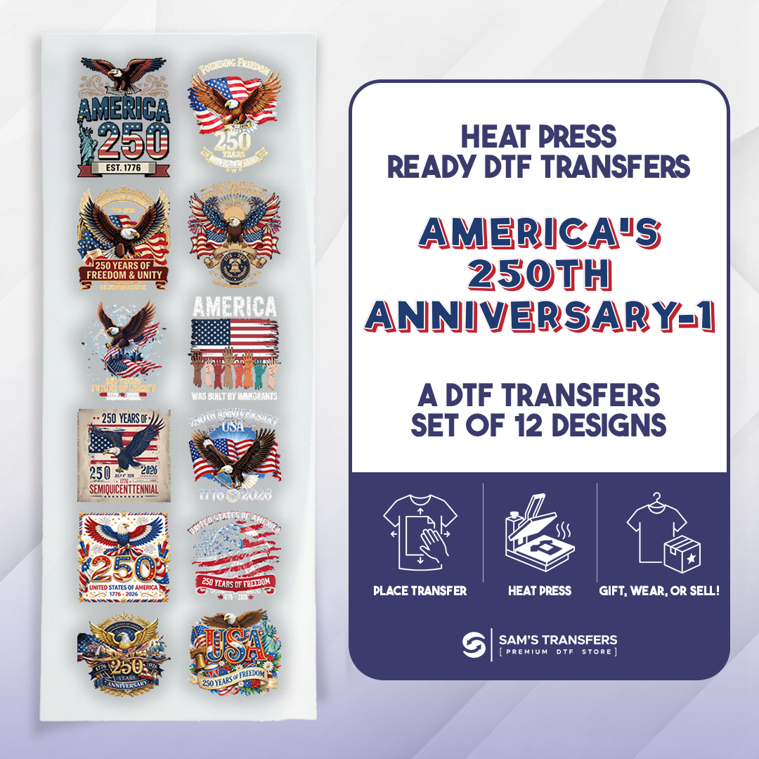 Set of 12 America's 250th Anniversary DTF transfers with packaging on a white background