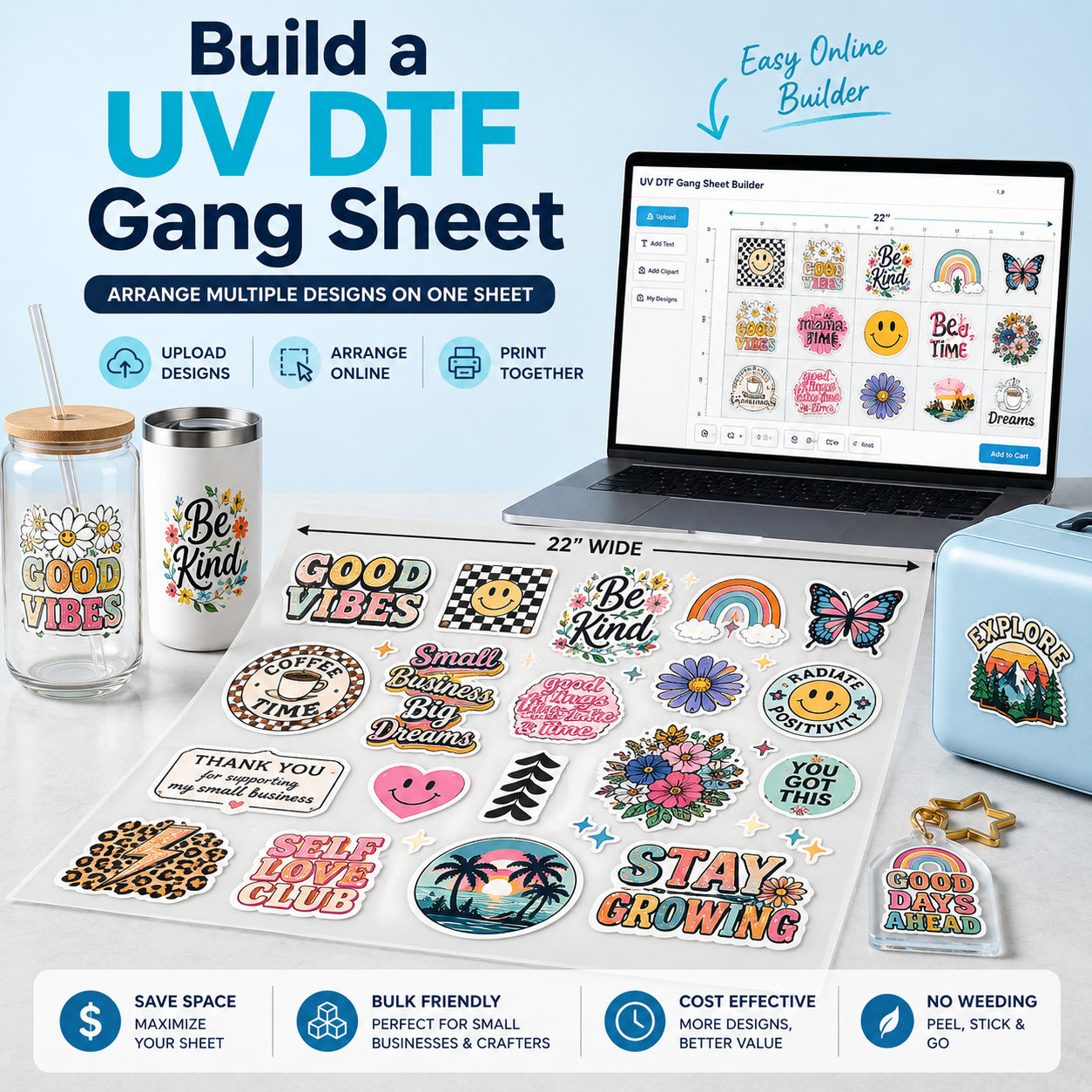UV DTF gang sheet builder with multiple custom sticker designs arranged on one sheet for bulk decal printing