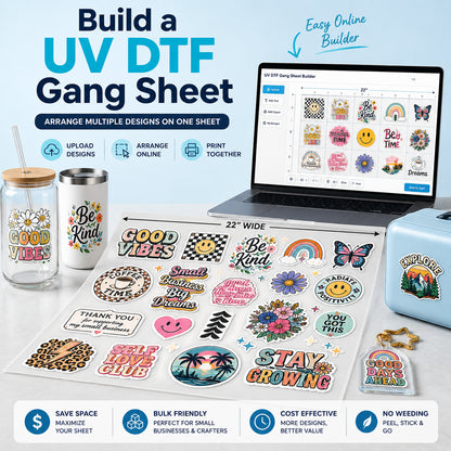 UV DTF gang sheet builder with multiple custom sticker designs arranged on one sheet for bulk decal printing