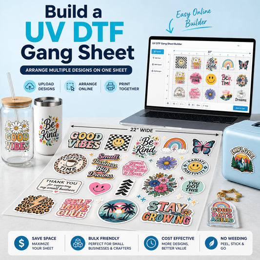 UV DTF gang sheet builder with multiple custom sticker designs arranged on one sheet for bulk decal printing