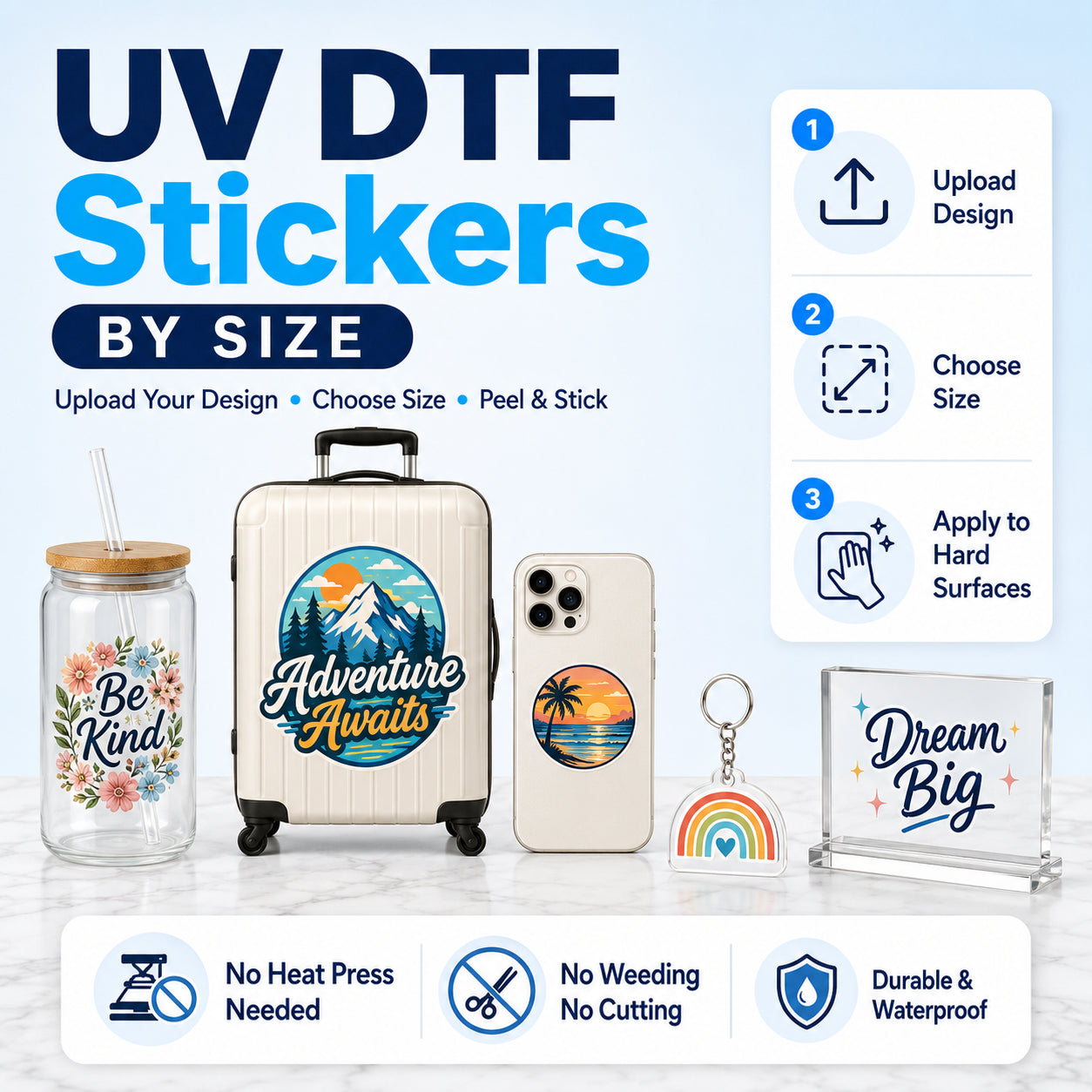 Custom UV DTF stickers by size for cups, tumblers, packaging, phone decals, keychains, and smooth hard surfaces