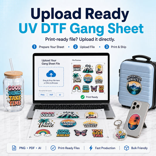 Upload ready UV DTF gang sheet with print-ready PNG PDF AI file upload for custom sticker printing