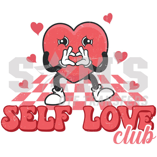 Valentine's Day heart character forming a love sign with hands, with 'Self Love Club' text, a Sam's DTF Transfers design.