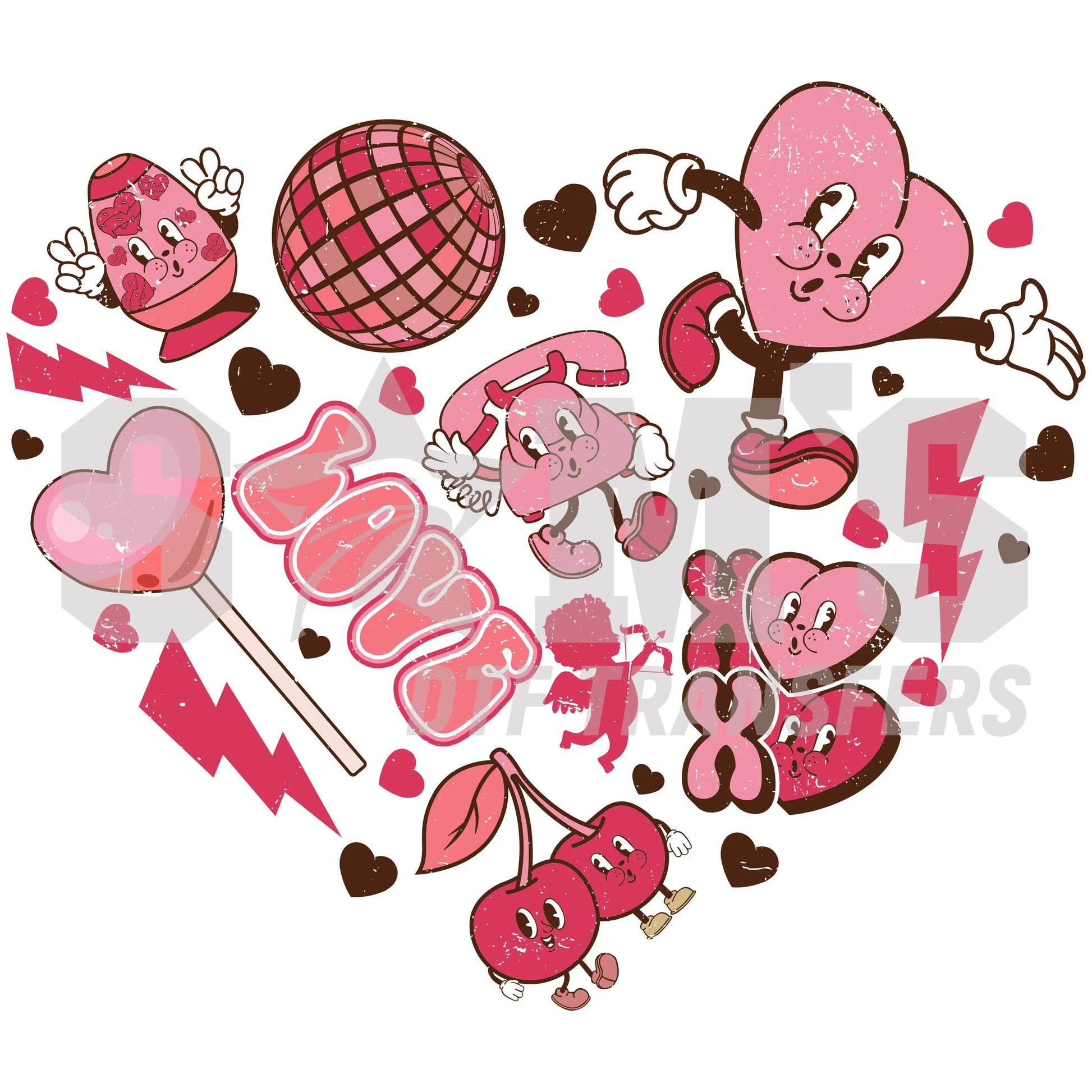 Assortment of Valentine's Day characters including hearts, cherries, and candies with 'Love' script, DTF transfer collage. A Sam's DTF Transfers design.