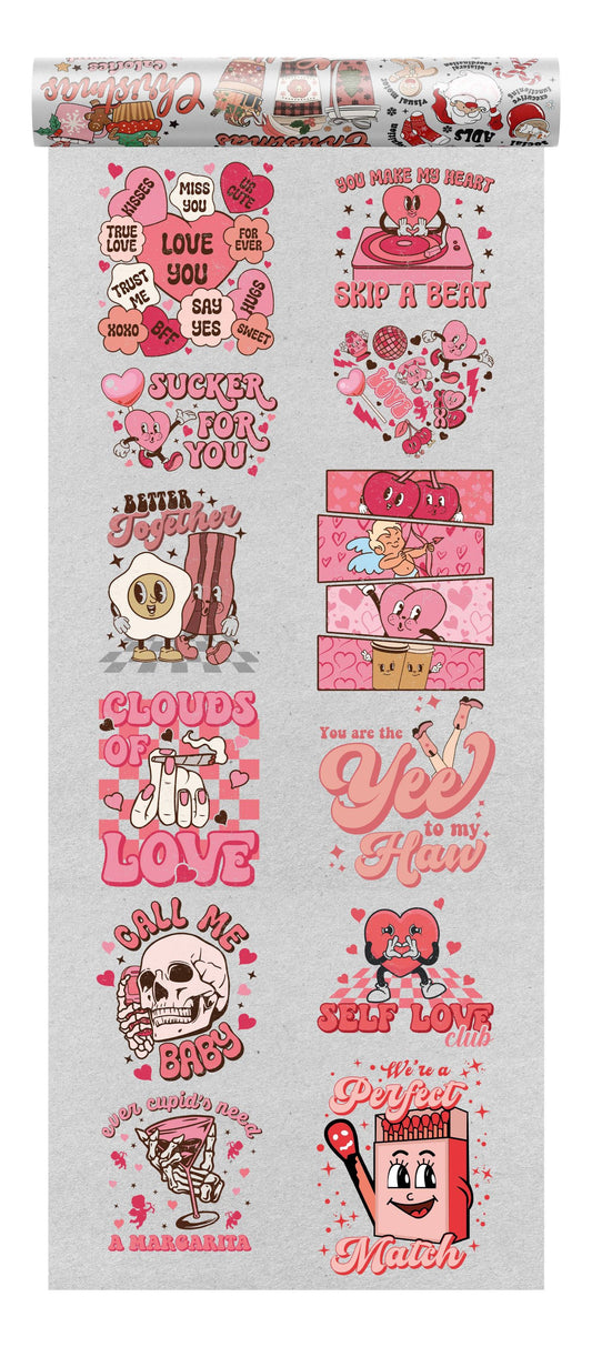 A collection of Valentine's Day themed DTF transfers including cute phrases, heart characters, and romantic items, all in a playful and colorful style.