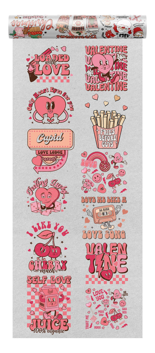 A comprehensive collection of Valentine's Day DTF transfers, featuring love-related puns, heart characters, and romantic motifs on a gray background.