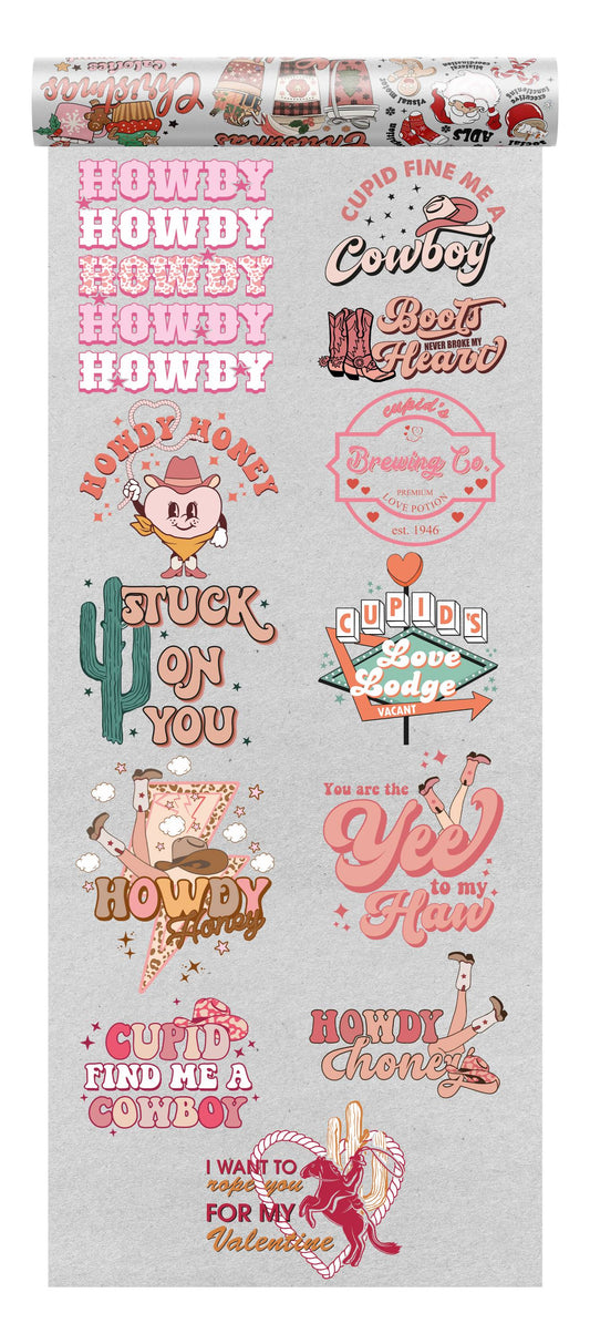 A collection of Western-themed Valentine's Day DTF transfers featuring cowboy boots, hearts, and playful love puns on a grey background.