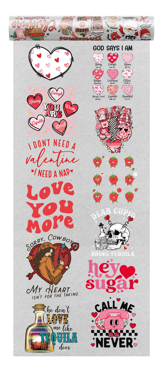 A collection of Valentine's Day-themed DTF designs featuring playful messages and affirmations, hearts, and love-related graphics in vibrant colors.