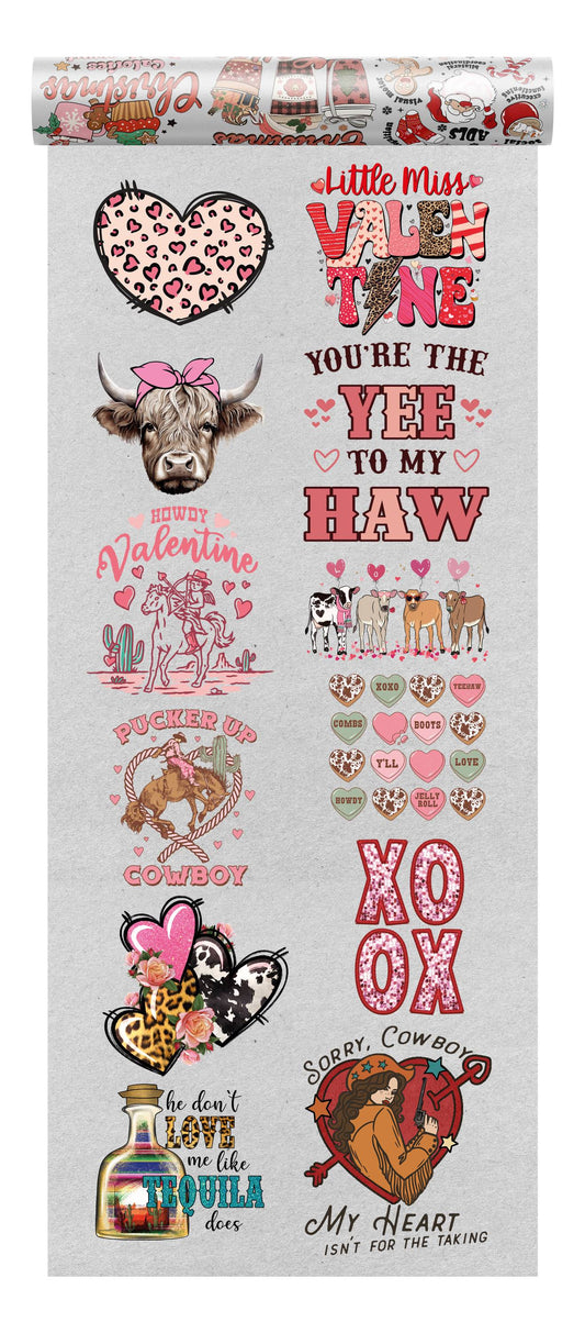 Valentine's Day DTF bundle showcasing country-themed designs, with playful cowboy and cowgirl graphics, hearts, and whimsical love quotes