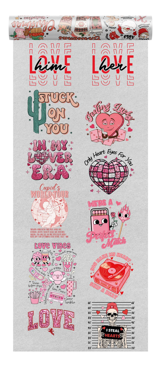 Valentine's Day DTF bundle with retro and modern love motifs, including cacti, vinyl records, and matchboxes, with playful and romantic phrases.