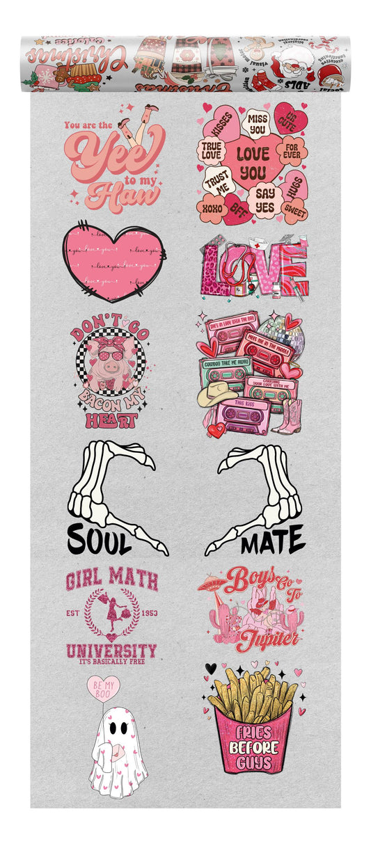 A collection of whimsical and humorous Valentine's Day DTF designs featuring playful graphics like a ghost with 'Be My Boo', French fries with 'Fries Before Guys', and a pig with 'Don't Go Bacon My Heart'.