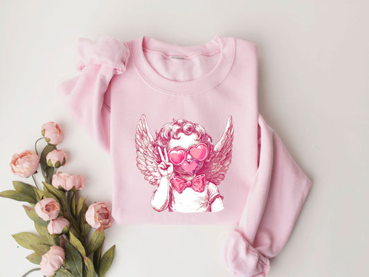 Peace Love Cupid Valentine's Day DTF Transfer design on a pink sweatshirt with floral accents.

