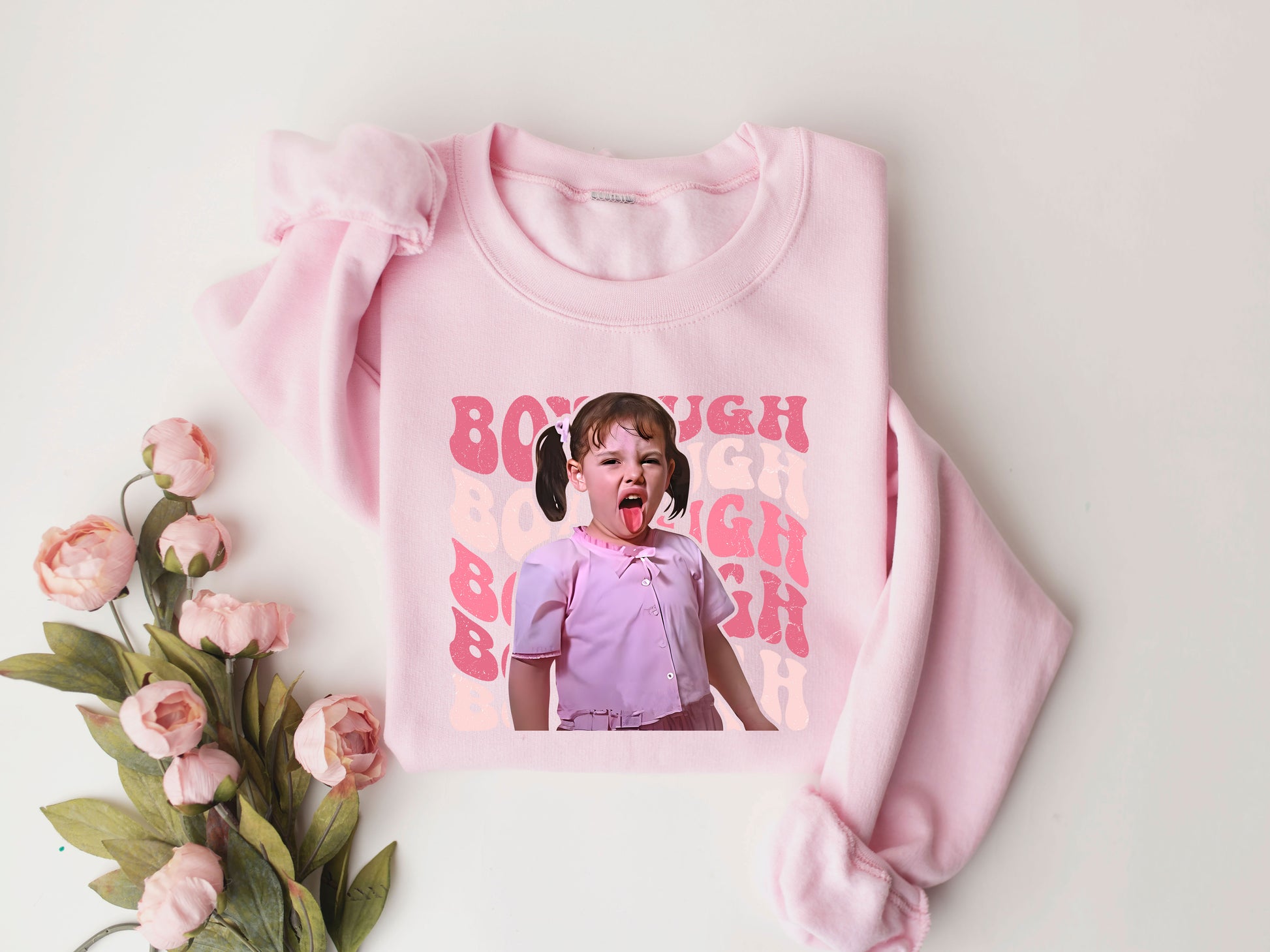 BOUGH Retro Valentine's Day DTF Transfer design on a pink sweatshirt with floral accents.

