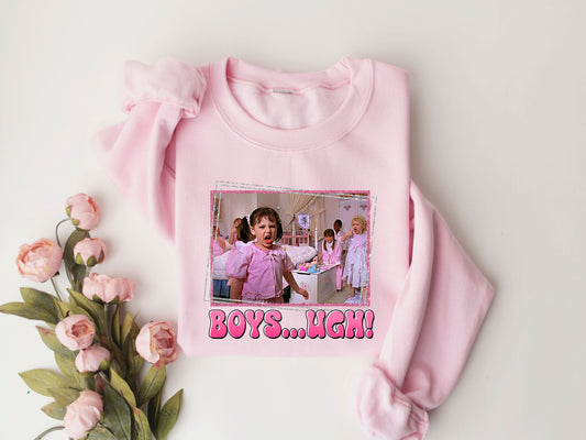 Boys...UGH! Retro Valentine's Day DTF Transfer design on a pink sweatshirt with floral accents.

