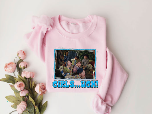 Girls...UGH! Retro Valentine's Day DTF Transfer design on a pink sweatshirt with floral accents.

