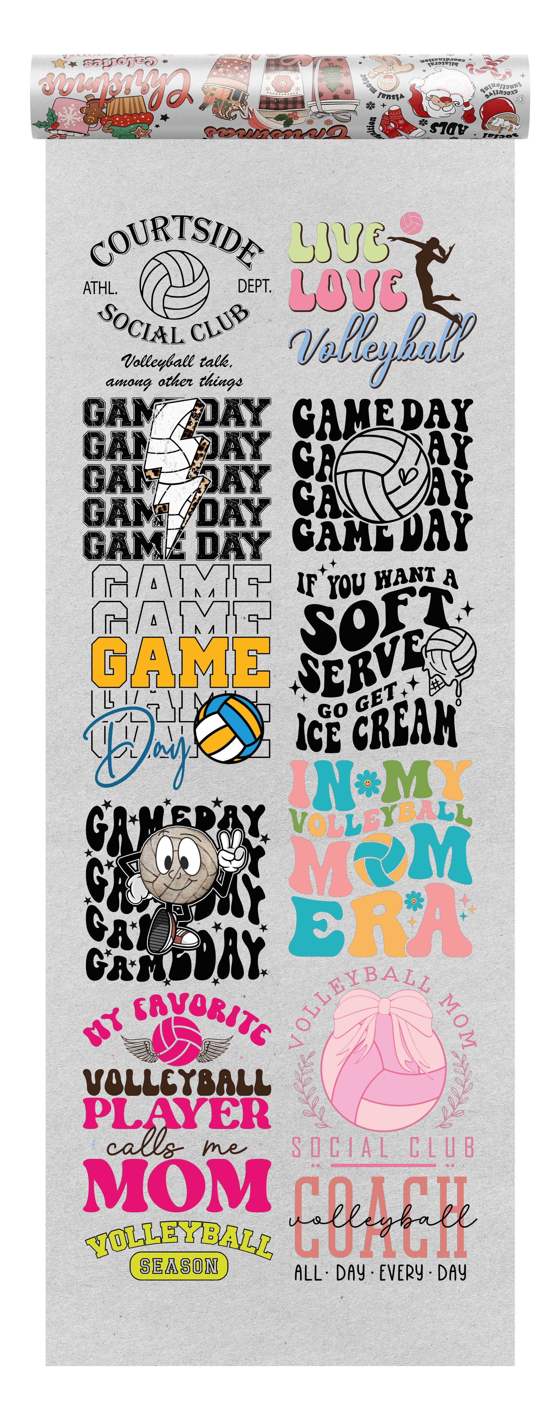 Volleyball Mom DTF heat transfer bundle featuring 12 ready-to-press volleyball designs, including volleyball mom quotes, coach mode graphics, game-day typography, and fun sports-themed bows.