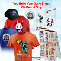 Build a custom 22 i inches wide DTF gang sheet online for t-shirts, hats, and stickers with various designs, sizes and uantities.