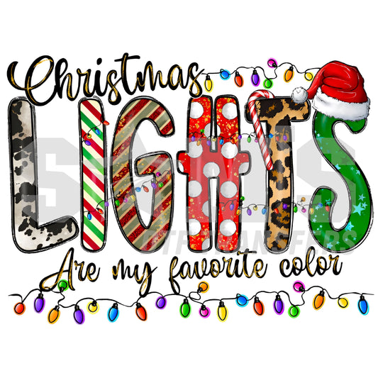 Festive design reading 'Christmas Lights Are My Favorite Color' with colorful light bulbs, Santa hat, and various holiday-themed patterns designed for custom Sam's DTF Transfers