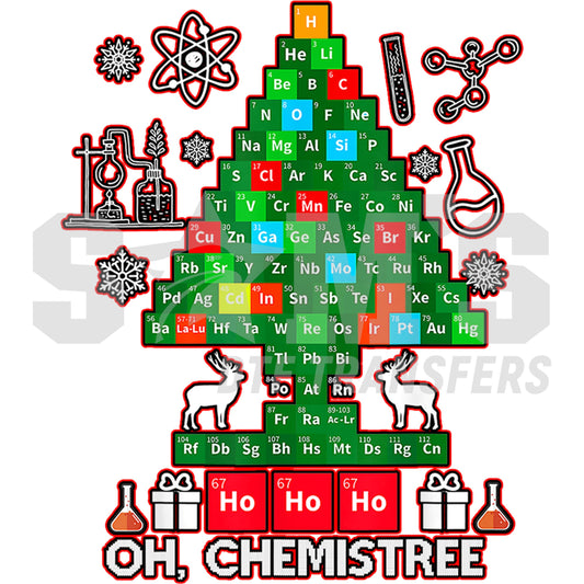 Christmas tree made of periodic table elements with laboratory equipment, reindeer, and 'Oh, Chemistree' text designed for custom DTF Transfers
