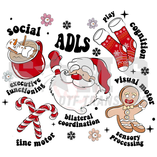 Christmas-themed design showcasing Santa Claus, hot cocoa, gingerbread man, and various occupational therapy terms like 'ADLs', 'fine motor', and 'sensory processing' for custom DTF transfers