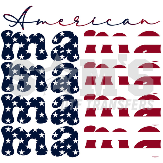 American Mama written in a patriotic theme of stars and stripes, ideal for celebrating Mother's Day with American pride.
