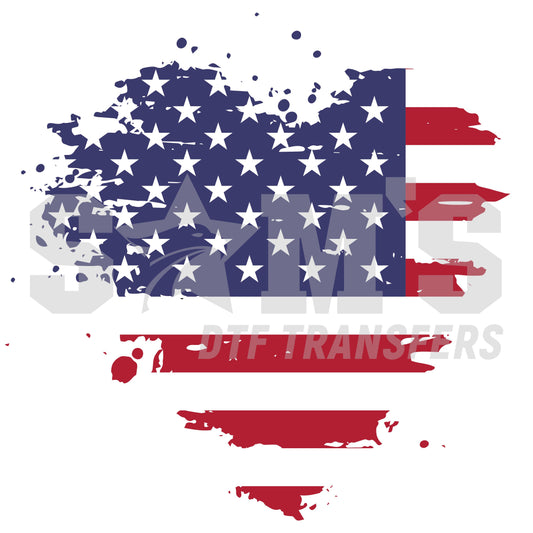 A heart-shaped American flag design with splatter effects, representing love and pride for the Fourth of July celebration.