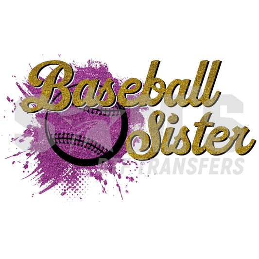 Glittery "Baseball Sister" text with a purple baseball splatter custom design, crafted by Sam's DTF Transfers.