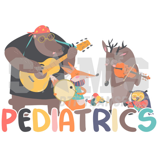 Illustration of musical animals including a bear, deer, rabbit, bird, and owl, with the word 'Pediatrics' written below, a custom design by Sam's DTF Transfers