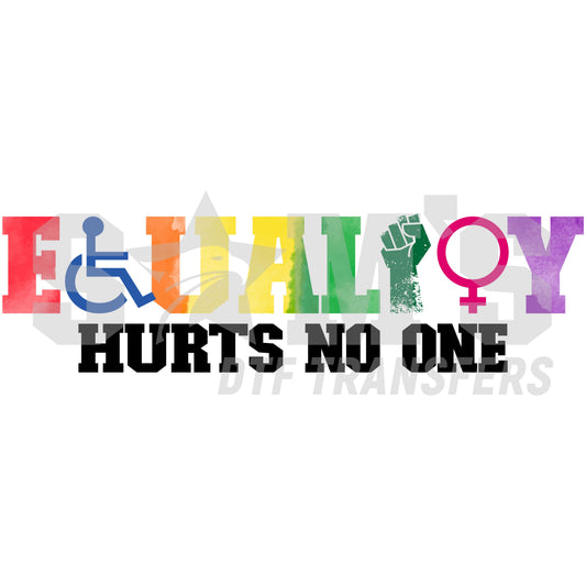Colorful design promoting equality with symbols of accessibility, unity, and gender, captioned 'Equality Hurts No One'.