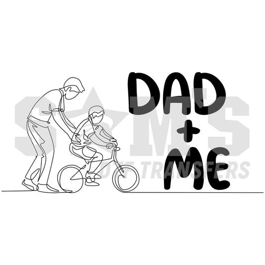 Illustration of a father teaching his child to ride a bicycle with the words 'Dad + Me' designed for the Father's Day.
