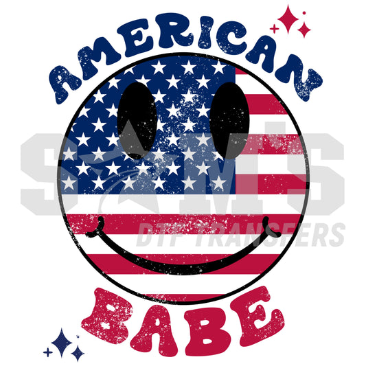 Smiley face designed with stars and stripes, accompanied by the words 'American Babe' and decorated with stars designed for Sam's DTF Transfers