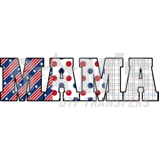 Mother's Day American-inspired design spelling 'MAMA' with stars, polka dots, and patriotic colors by Sam's DTF Transfers