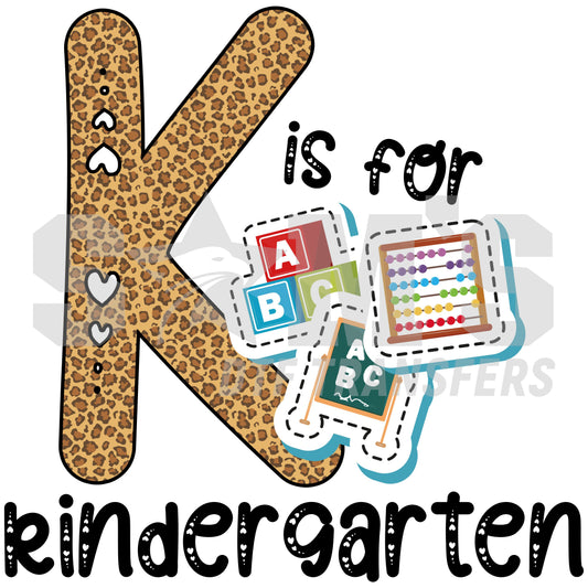 Leopard print letter 'K' symbolizing 'Kindergarten' accompanied by alphabet blocks and a colorful abacus, designed by DTF Transfers.