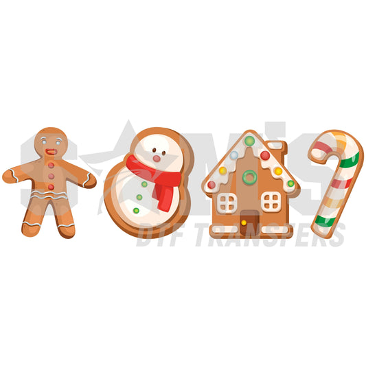 Collection of Christmas-themed illustrations featuring a gingerbread man, snowman, decorated gingerbread house, and candy cane designed for custom DTF TRANSFERS