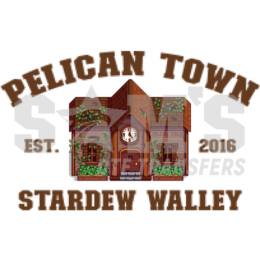 Pixel art representation of Pelican Town from Stardew Valley with the text "Est. 2016", a premium custom DTF design by Sam's DTF Transfers .
