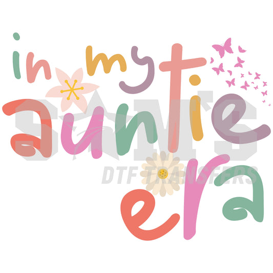 Colorful 'Auntie Era' typography design with flowers and butterflies, a premium custom DTF design  by Sam's DTF Transfers.