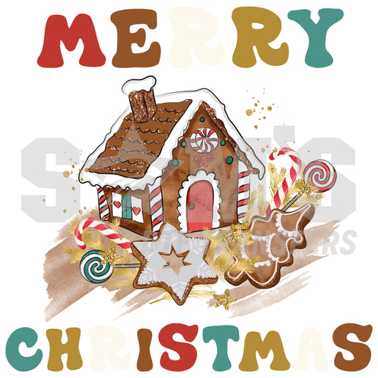 Illustration of a gingerbread house with candy canes, star cookies, and 'Merry Christmas' in colorful typography designed for customd DTF Transfers
