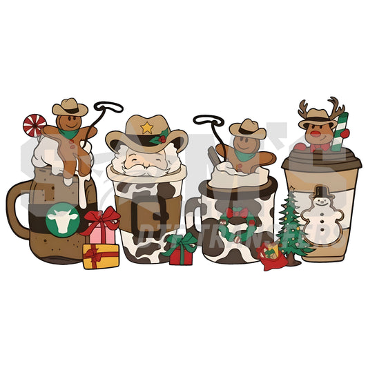 Illustration of festive coffee cups with a western theme, featuring a gingerbread cowboy, Santa in a sheriff hat, a reindeer in a cowboy hat, and holiday decorations. designed for custom DTF Transfers